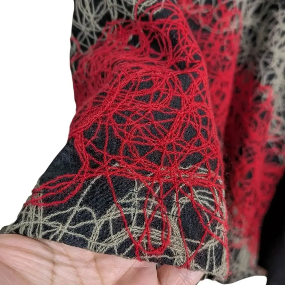 Ali Miles Tunic Top Large Cowl Neck Yarn Applique Textured Buckle Red Black Art